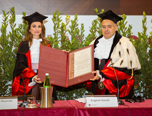 Her Majesty Queen Rania receives an honorary doctorate from Sapienza University in Rome on Thursday (Photo courtesy of Royal Court)